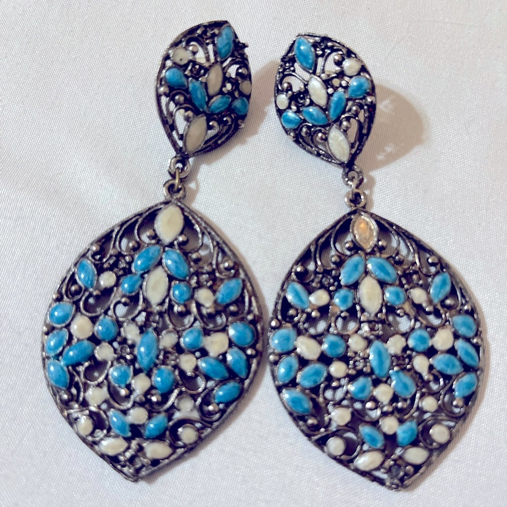 Blue and White Enamel Teardrop Earrings